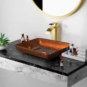 Terpsichore Chocolate Brown Tempered Glass Rectangular Vessel Sink with Faucet and Pop Up Drain