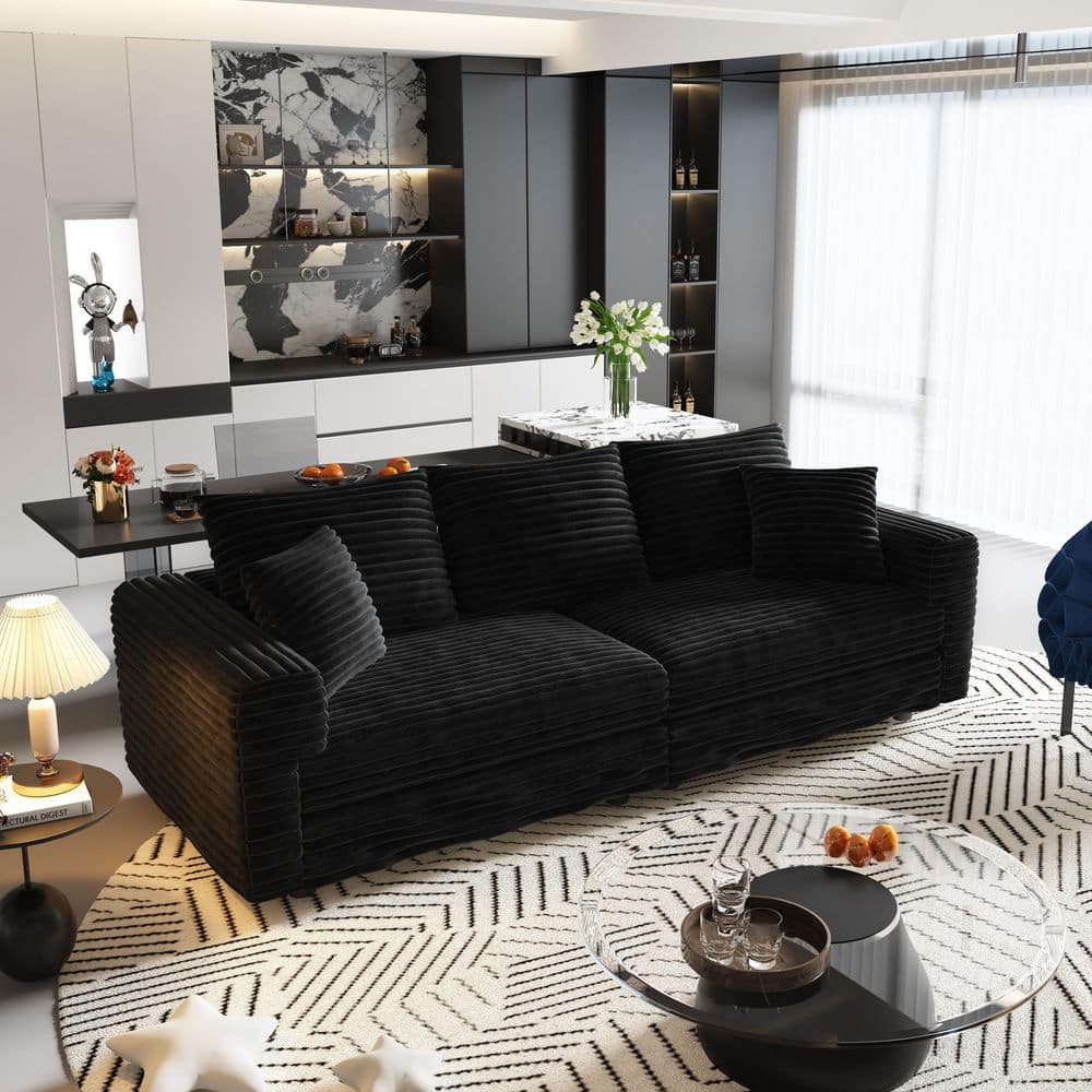 82.7 in. Square Arm Plush Corduroy Fabric 3-Seat Rectangle Sofa with Soft Pillows Deep Seat Cloud Couch in Black price history on PriceWatchPro