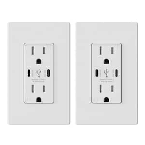 15 Amp 30-Watt Dual Type C USB Wall Charger with Duplex Tamper Resistant Outlet, Wall Plate Included, White (2-Pack)