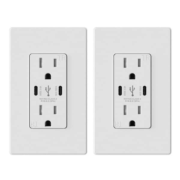 ELEGRP 4 Amp USB Dual Type A In-Wall Charger with 20 Amp Duplex Tamper Resistant Outlet, Wall Plate Included, White (2-Pack)