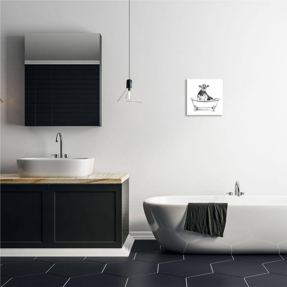 Cow in Claw Tub Black and White Wood Wall Art