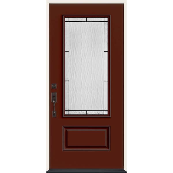 JELD-WEN 36 in. x 80 in. Right-Hand 3/4 Lite Decorative Glass Wendover Black Cherry Fiberglass Prehung Front Door
