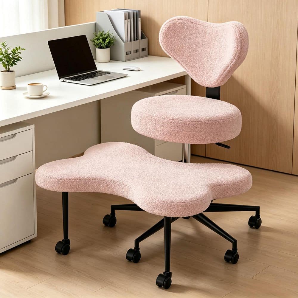 Upholstered Office Chair Ergonomic Cross-Legged Desk Chair with Height Adjustable Wheels Meditation Chair in Pink