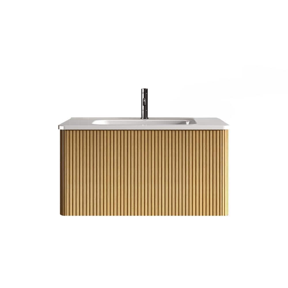 30 Striped Natural Oak Wall Mounted Floating Bathroom Vanity with White Cer