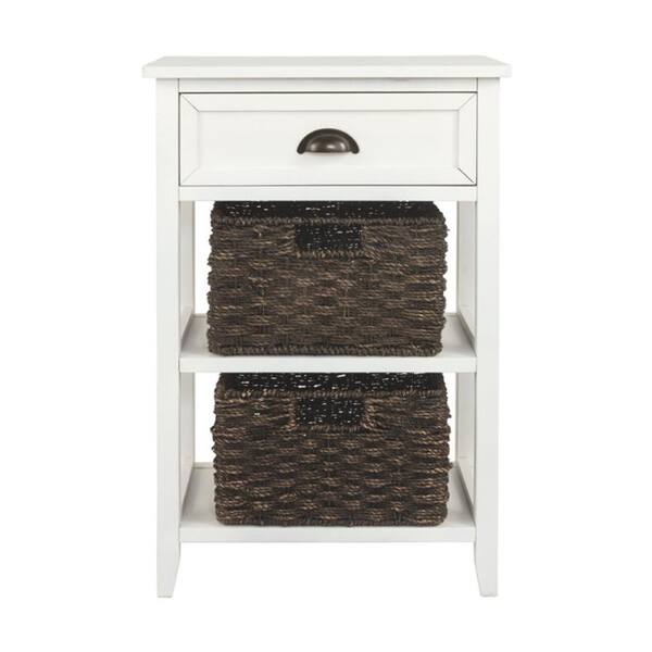 And Brown Wooden Accent Table With, White Wood Side Table With Baskets