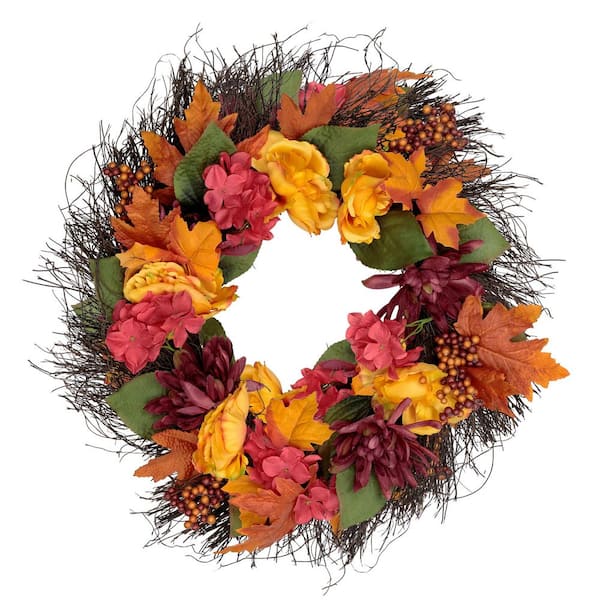 24 in. Autumn Harvest Peony Mum & Feather Artificial Thanksgiving Floral Wreath - Unlit