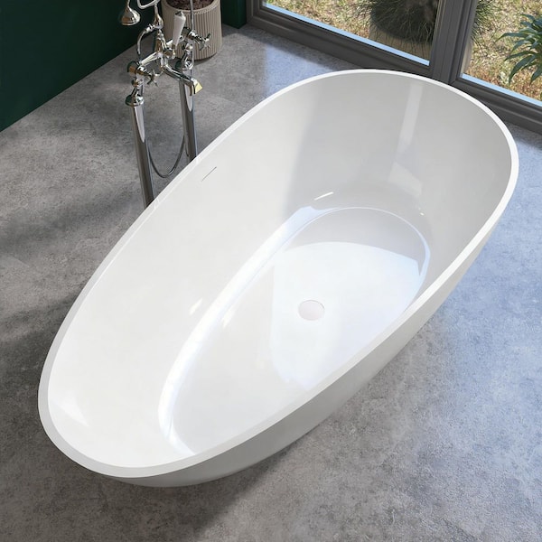 59 in. x 30.7 in. Solid Surface Freestanding Soaking Tub Stone Resin Flatbottom Bathtub w/ Center Drain in Glossy White