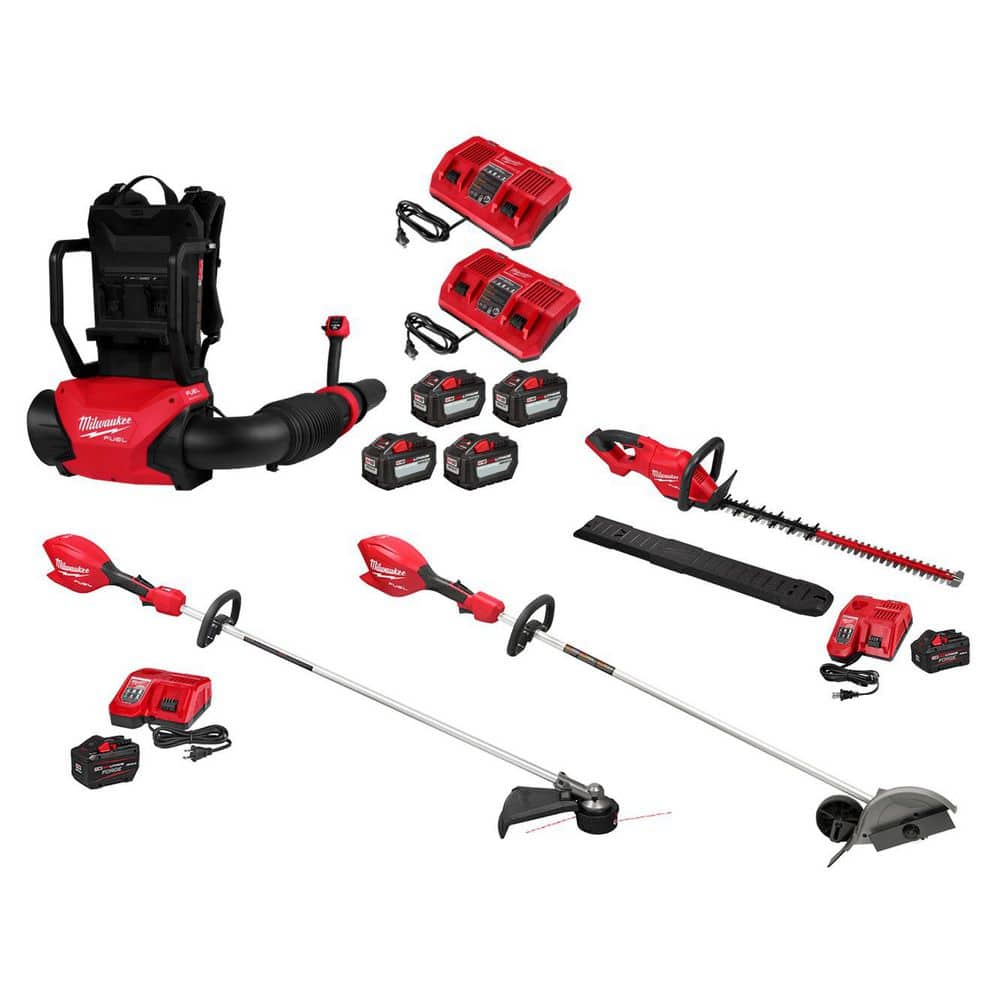 MILWAUKEE M18 FUEL 155 MPH 650 CFM 18V Brushless Cordless Dual Battery Backpack Blower Kit w/ String Trimmer, Hedge Trimmer, Edger (3009-24HD-3046)
