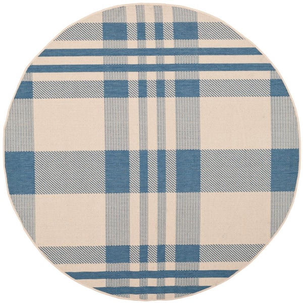 Courtyard Beige/Blue 3 ft. x 3 ft. Plaid Indoor/Outdoor Round Area Rug