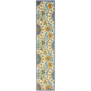Charlie 2 X 12 ft. Blue Yellow and White Floral Indoor/Outdoor Area Rug