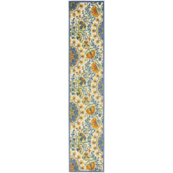 Charlie 2 X 12 ft. Blue Yellow and White Floral Indoor/Outdoor Area Rug