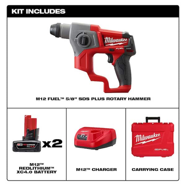 Milwaukee M12 FUEL 12V Lithium-Ion 5/8 in. Brushless Cordless SDS-Plus  Rotary Hammer Kit W/(2) 4.0h Batteries  Hard Case 2416-22XC The Home  Depot