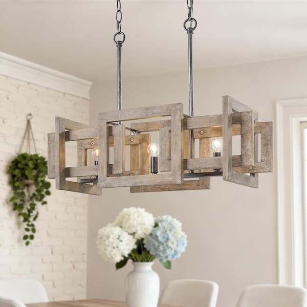 Uolfin 3-Light Farmhouse Wood Kitchen Island Chandelier, Dining Room Foyer Modern Linear Rectangle Small Black Pendant Light