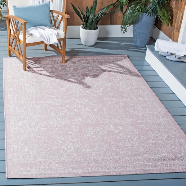 Courtyard Soft Pink/Ivory 5 ft. x 8 ft. Border Floral Scroll Indoor/Outdoor Area Rug