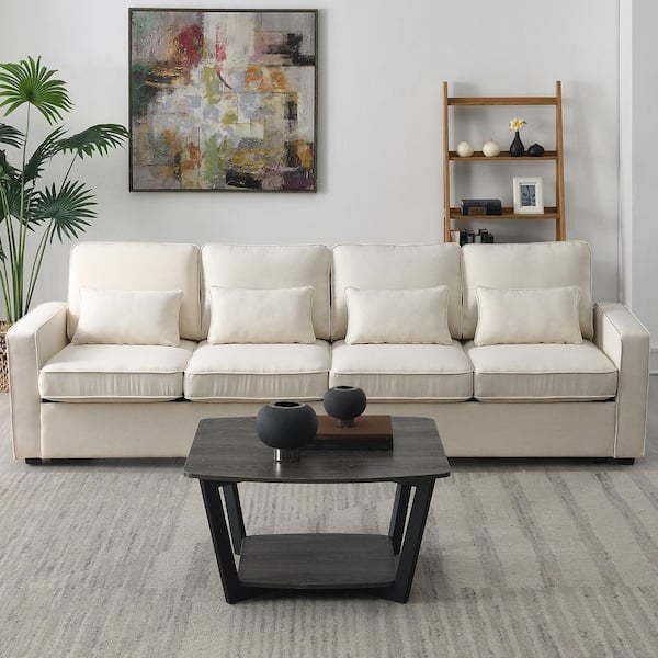 104.00 in. Polyester Rectangle Sectional Sofa in. Beige with Armrest Pockets and 4 Pillows