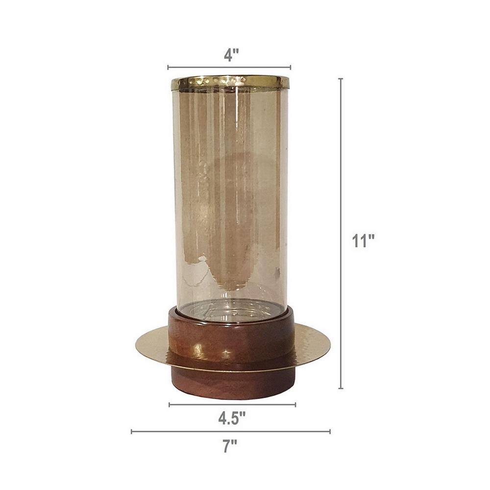 Vintage Acacia Wood Base Glass Hurricane Candle Holder, 11"
