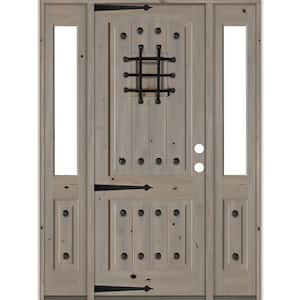 76 in. x 96 in. Mediterranean Knotty Alder Left-Hand/Inswing Clear Glass Grey Stain Wood Prehung Front Door w/DHSL