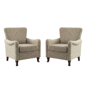 Vincent Beige Floral Fabric Pattern Wingback Armchair with Solid Wood Legs (Set of 2