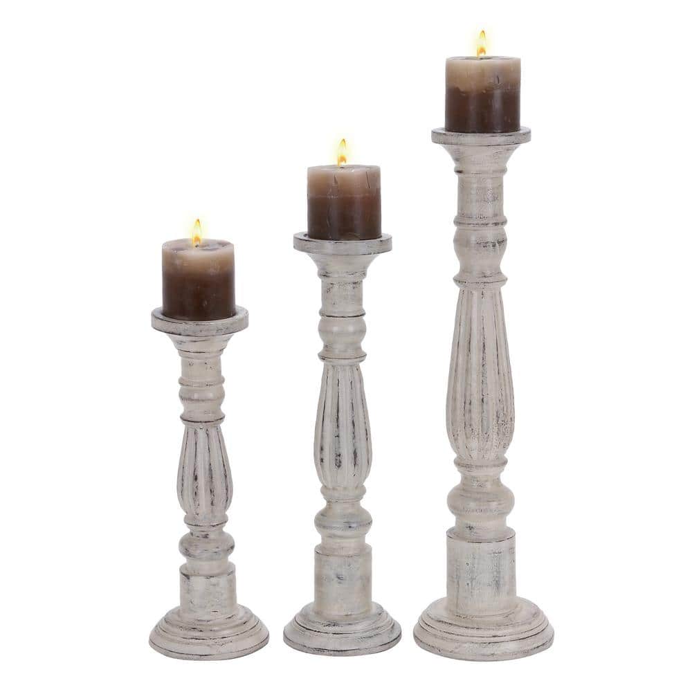 Distressed White Mango Wood Candle Holder Set, 21" 17" 15"