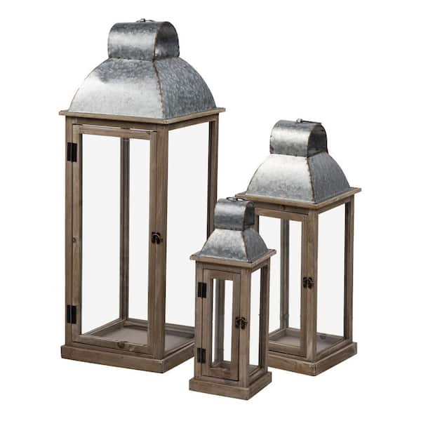 Rustic Natural Wood & Silver Lantern 11/8.5/6 Farmhouse Glass