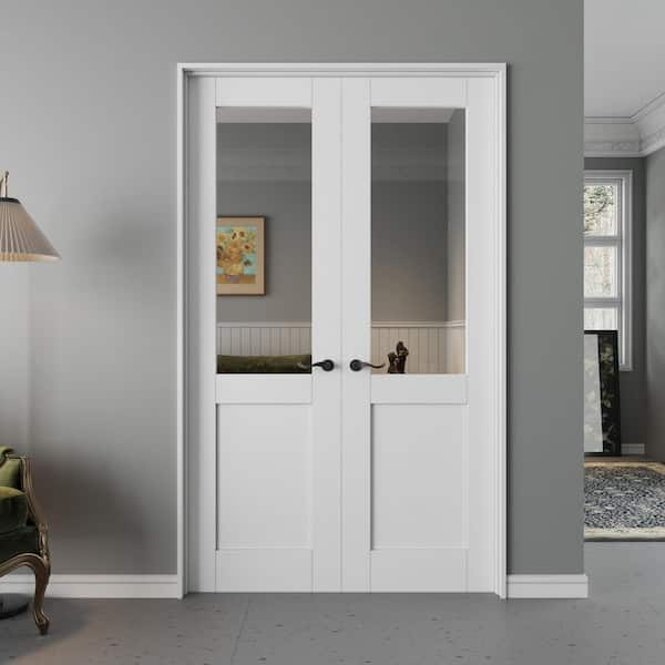 48 in. x 80 in. 1/2-Lite Clear Glass Universal White Solid Core Wood Double Prehung French Door with Quick Assemble Jamb
