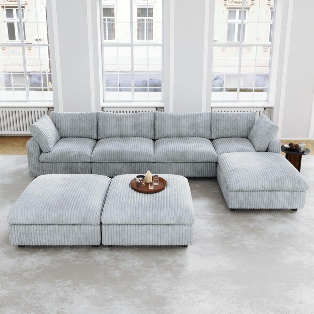 Ovesized Sofa Bed 157 in. Square Arm Velvet Down Filled Solid Wood Modular Sofa Cloud Couch with 3-Ottomans in Gray