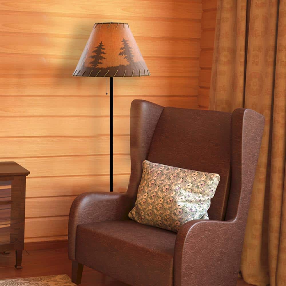 Rustic Black Metal Floor Lamp with Light Brown Forest Print Shade