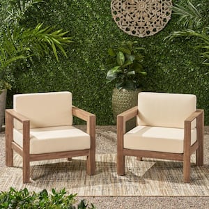 Genser Brown Removable Cushions Wood Outdoor Lounge Chairs with Beige Cushions (2-Pack)
