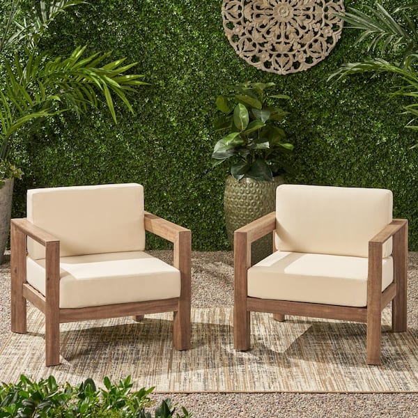 Noble House Genser Brown Removable Cushions Wood Outdoor Lounge Chairs with Beige Cushions (2-Pack)