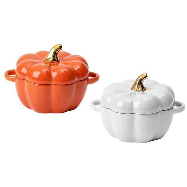 2-Piece Pumpkin Shape Ceramic Bowl Set with Lid and Handle, Stoneware Ramekins, Oven Safe, Orange White