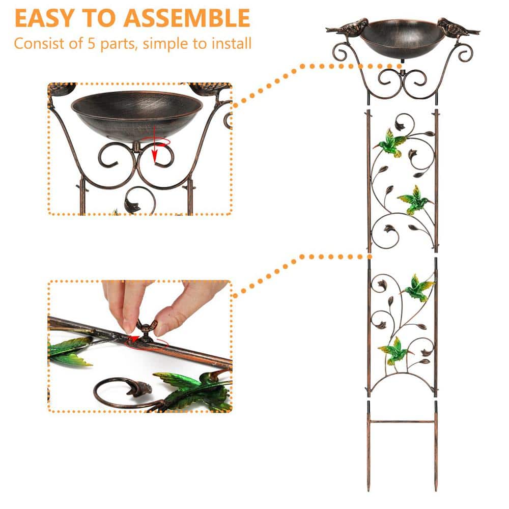 Elegant 40" Bronze Metal Garden Trellis with Bird Bath