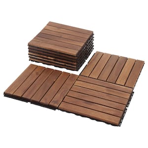 12 in. x 12 in. Square Acacia Wood Interlocking Flooring Tiles Striped Pattern Tiles in Brown (Pack of 10)