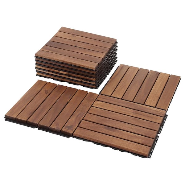 Siavonce 12 in. x 12 in. Square Acacia Wood Interlocking Flooring Tiles Striped Pattern Tiles in Brown (Pack of 10)