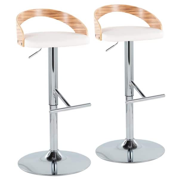 Lumisource Grotto 32.25 in. White Faux Leather, Zebra Wood and Chrome Metal Adjustable Bar Stool (Set of 2)