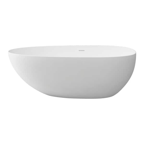 ANGELES HOME 67 in. x 33 in. Stone Resin Solid Surface Freestanding Soaking Bathtub with Center Drain in Matte White