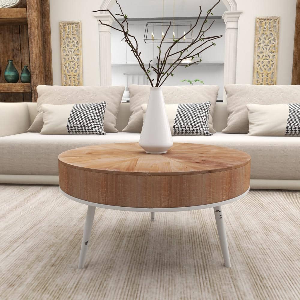 Modern Minimalist Round Coffee Table with White Distressed Iron Legs, 32"W