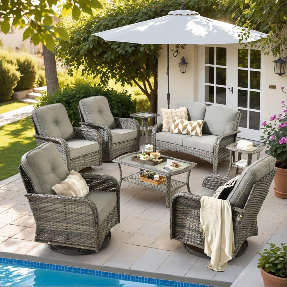 Lily Gray 8-Piece Wicker Outdoor Patio Conversation Seating Set W/ Swivel Rocking Chair Coffee Table & Dark Gray Cushion price history on PriceWatchPro