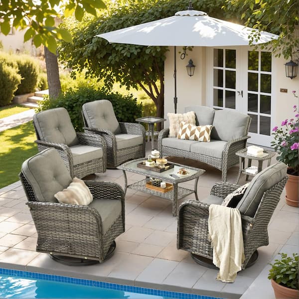 Lily Gray 8-Piece Wicker Outdoor Patio Conversation Seating Set W/ Swivel Rocking Chair Coffee Table & Dark Gray Cushion