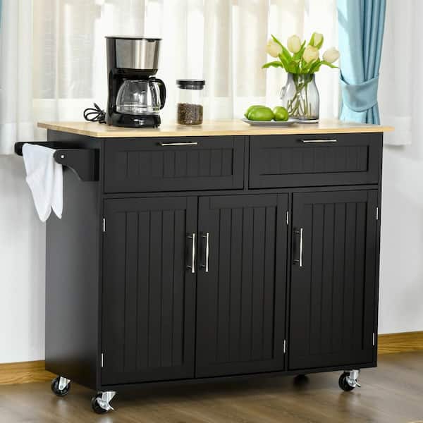 FAMYYT Rolling Black Natural Wood Tabletop 48 in. Kitchen Island with Adjustable Shelves, Drawers and Towel Rack