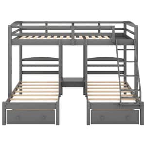 Modern Gray Full over Twin & Twin Size Bunk Bed, Triple Bunk Bed with Drawers for Kids, Space Saving, No Box Spring Need