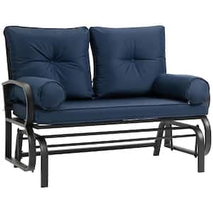 2-Person Metal Outdoor Glider with Steel Frame and Blue Cushions
