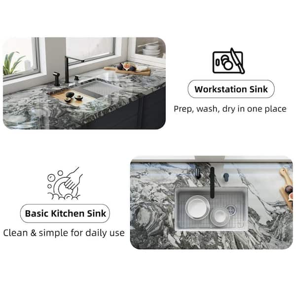 Undermount Kitchen Sink 33 in. x 19 in. Workstation White Fireclay Single Bowl, Drying Rack and Cutting Board Included