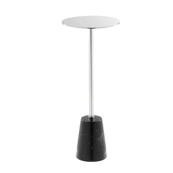 Benjara 8 in. Black and Chrome Round Marble End Table with Cone Base