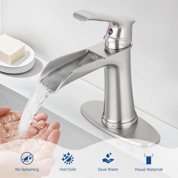 Single Handle Single Hole Waterfall Bathroom Faucet with Deckplate pop drain Included in Brushed Nickel (2-pack)