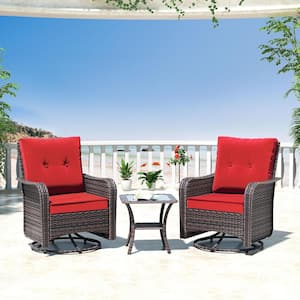 3-Piece Wicker Swivel Outdoor Rocking Chairs with Coffee Table and Cushion Red