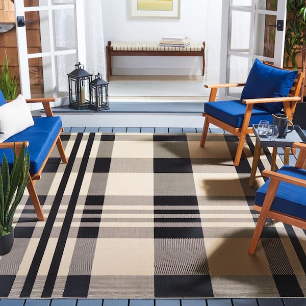 Courtyard Black/Bone 7 ft. x 7 ft. Square Striped Indoor/Outdoor Patio  Area Rug