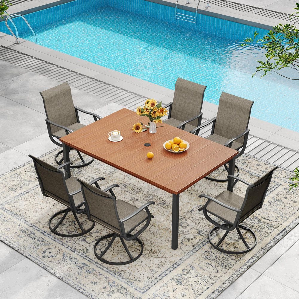 All Weather 7-Piece Metal Outdoor Patio Dining Set for 6 with Walnut Rectangular Table and 6 Brown Swivel Dining Chairs