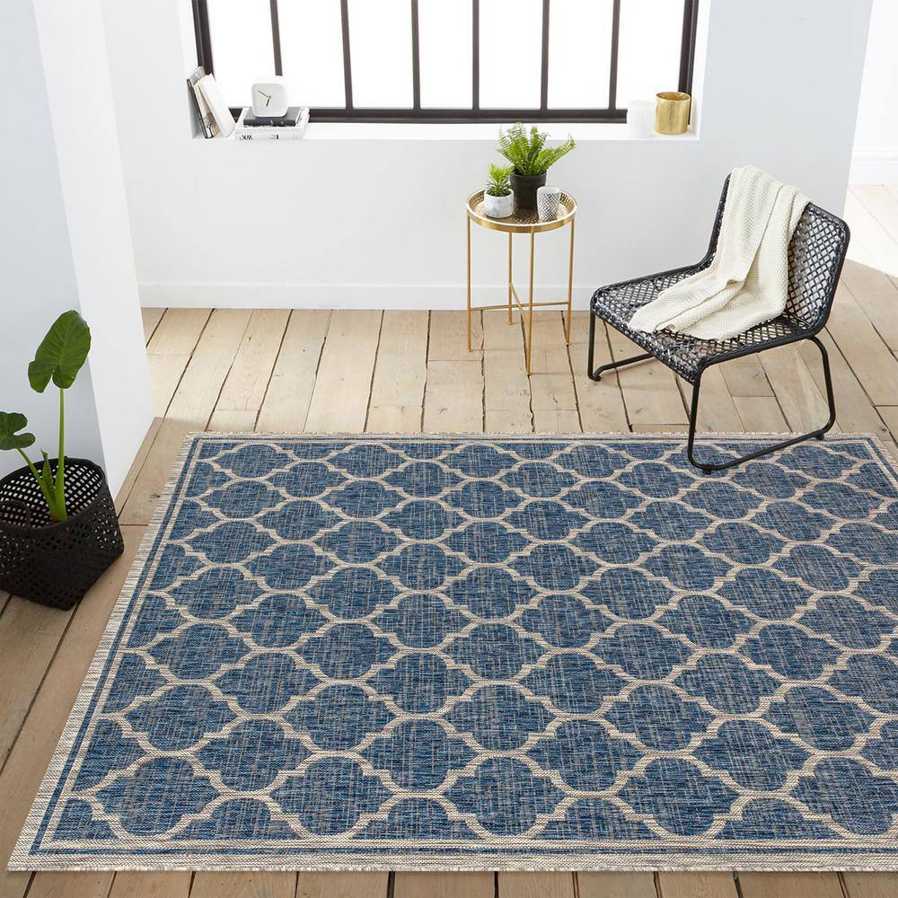 Navy/Gray Moroccan Trellis 9' x 12' Reversible Indoor/Outdoor Rug
