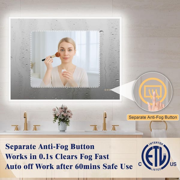 48 in. W x 36 in. H Rectangular Framed LED Wall Bathroom Vanity Mirror, Front Back Lit, Dimmable, Defogger, Tri-color