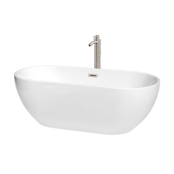 Wyndham Collection Brooklyn 67 in. Acrylic Flatbottom Bathtub in White with Brushed Nickel Trim and Floor Mounted Faucet
